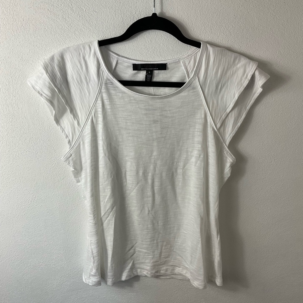 WHBM White Ruffle Sleeve Crew Tee Top Sz S